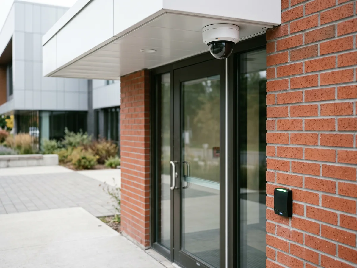 Caméra de surveillance et lecteur de carte d’accès magnétique installés